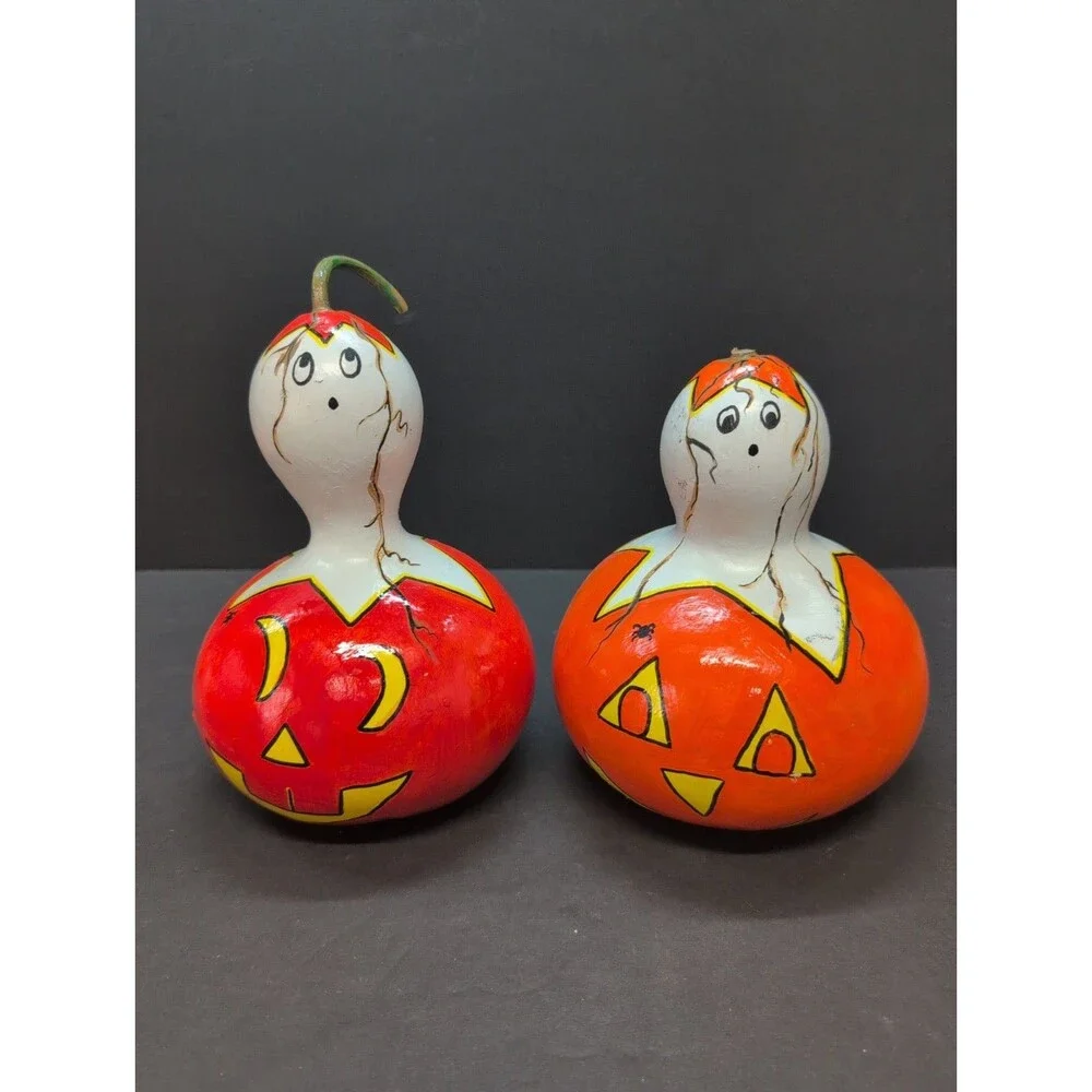 Set Of 2 Halloween Ghost/Candy Corn Handpainted Gourd/Fall
